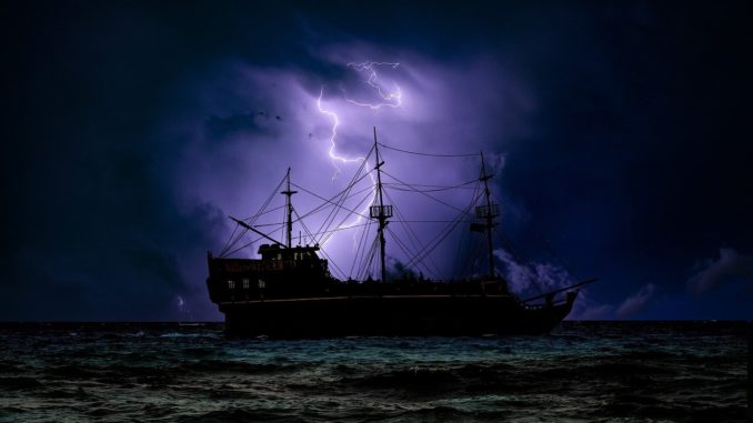 pirate ship, dark, night