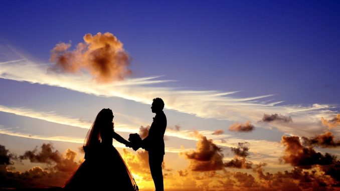 sunset, wedding, bride