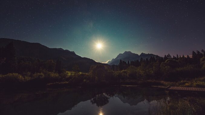 moonshine, lake, mountains